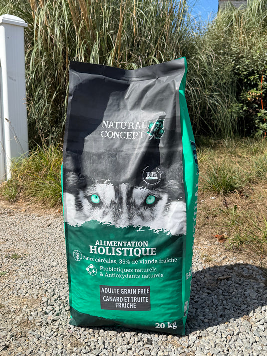 Croquettes chien 20 kg Natural concept -sans céréales - Canard et truite